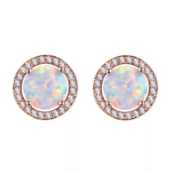 everrealli Jewelry - Rose Gold Round White Opal Halo Stud Earrings